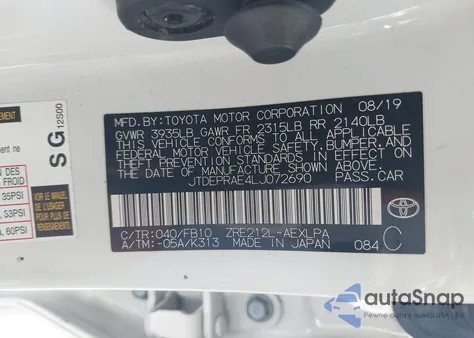 2020 Toyota Corolla Le из США, поврежденный, VIN JTDEPRAE4LJ072690